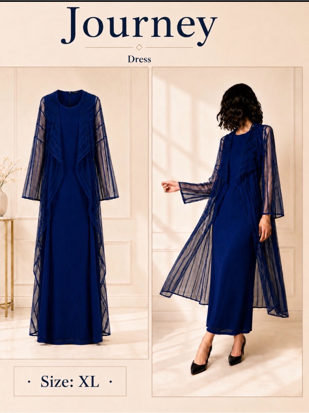 Women's Navy Blue Maxi Dress with Sheer Overlay